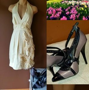 BCBGMAXAZRIA intricate ivory halter back dress, Sz